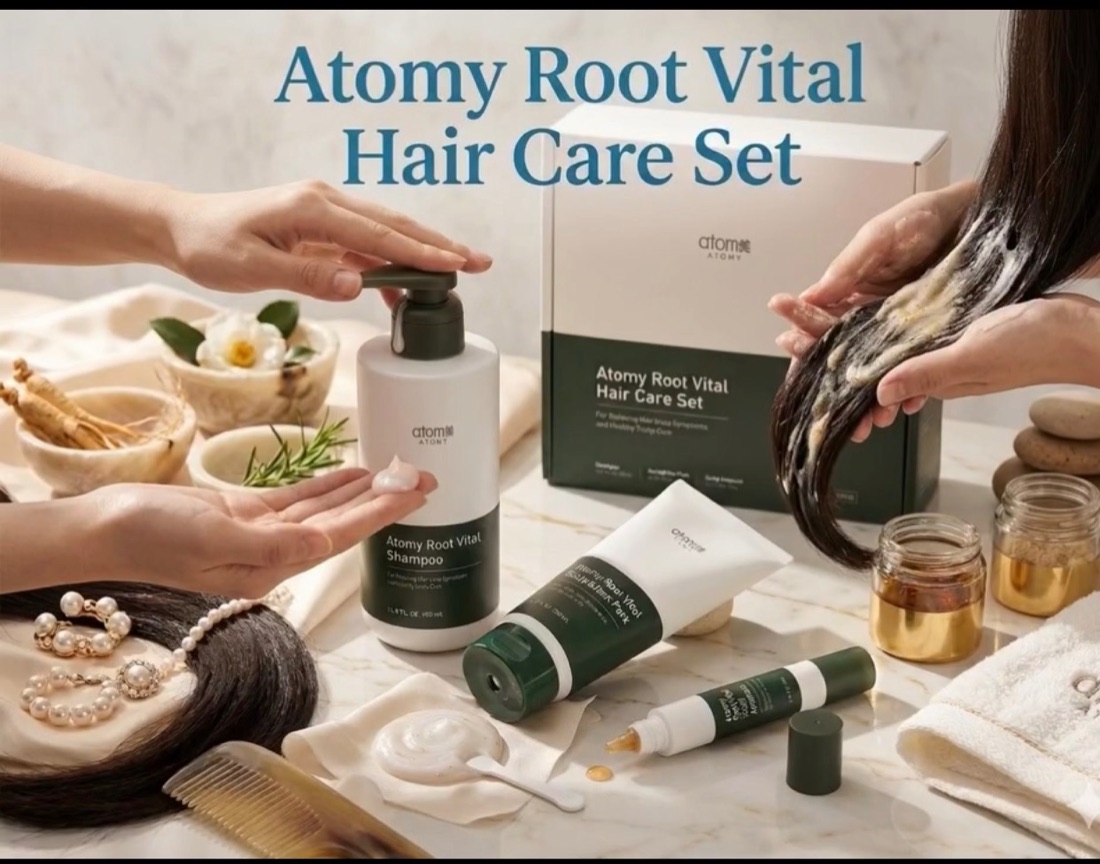 Atomy Root Vital hair care products arranged for everyday use