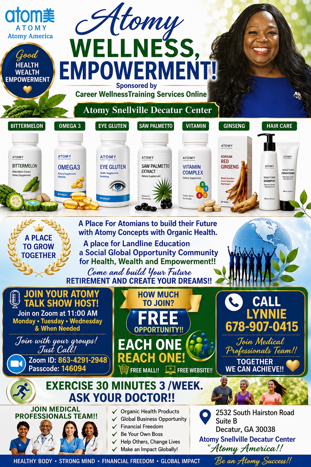 Atomy Wellness and Empowerment flyer with products, Zoom information, and contact details