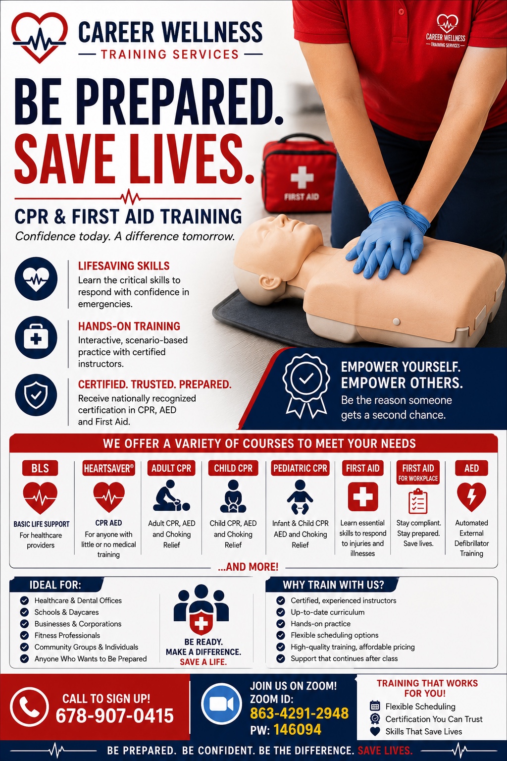 Career Wellness CPR and First Aid training flyer with course options and contact details