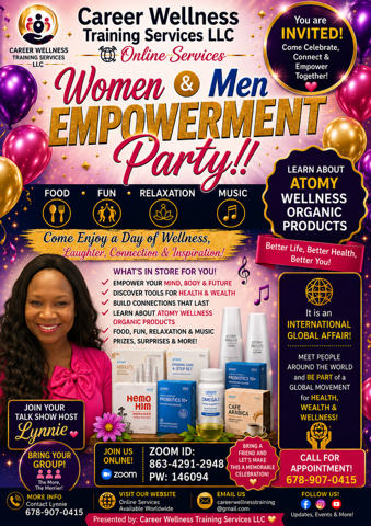 Women and Men Empowerment Party flyer with Zoom details and Atomy wellness information